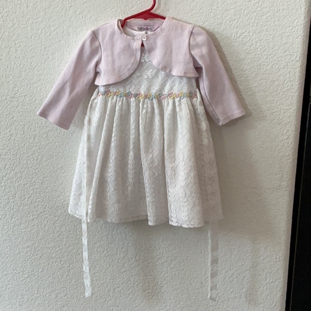 White Lace Baby Dress with Pink Cardigan Size 3T